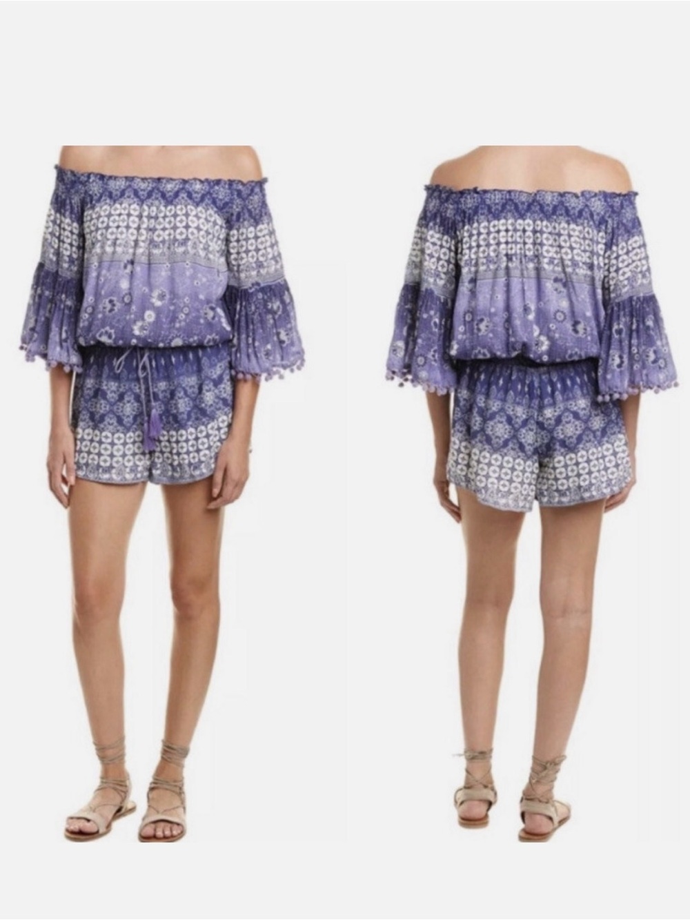 RAGA Navy Blue and White Off Shoulder Boho Floral Romper Resort Small